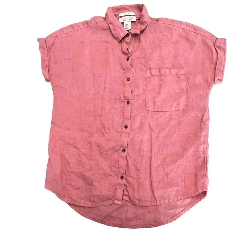 Rachel Zoe Women's XS Pink/Dusty Rose 100% Linen Short Sleeve Button-Up‎ Shirt
